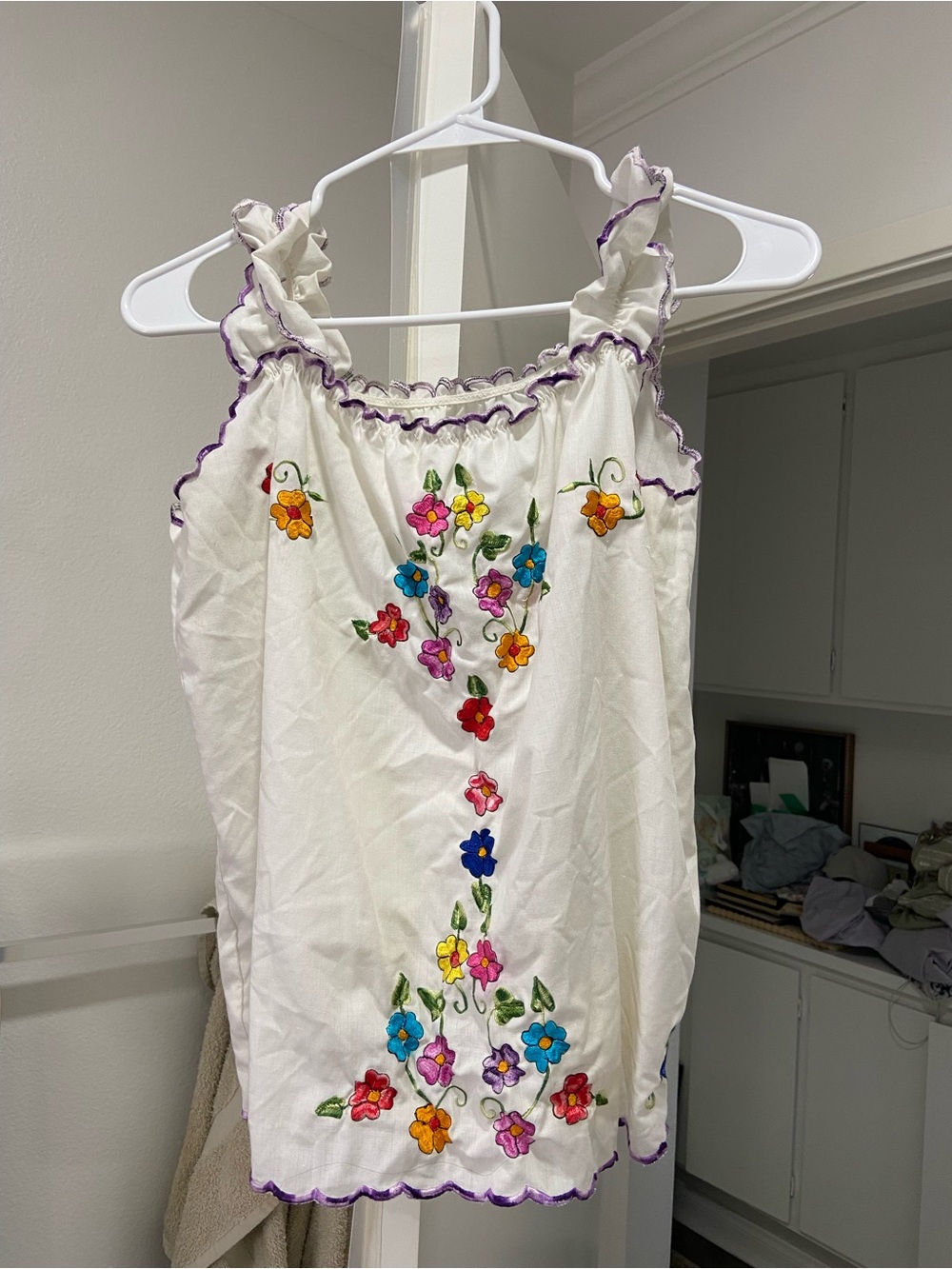 White Embroidered Floral Tank Top with Ruffle Straps